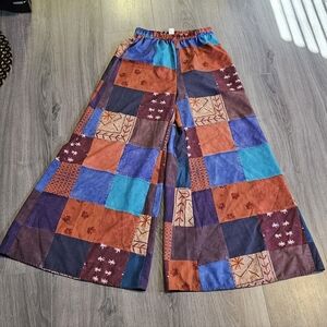 Boho Patchwork Wide-Leg Pants in Teal, Rust & Purple